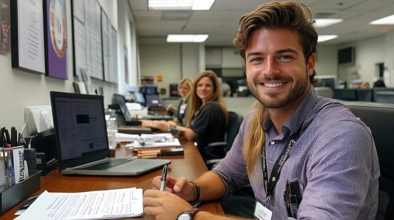 New hire taking notes during orientation session, laptop and welcome packet visible on desk