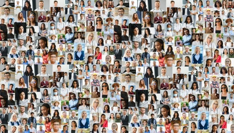 A collage of diverse people, each telling a unique life story through small, square-shaped photos. This tapestry of individuals of varying ages and ethnicities captures a spectrum of expressions and backgrounds, as if advisory boards came to life in vibrant personal careers.