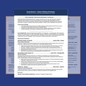 Professional resume for a Senior Software Developer, showcasing leadership, performance optimization, and architecture. Includes achievements and core competencies. Benefiting from career coach and resume writer insights to highlight senior roles across various companies effectively.